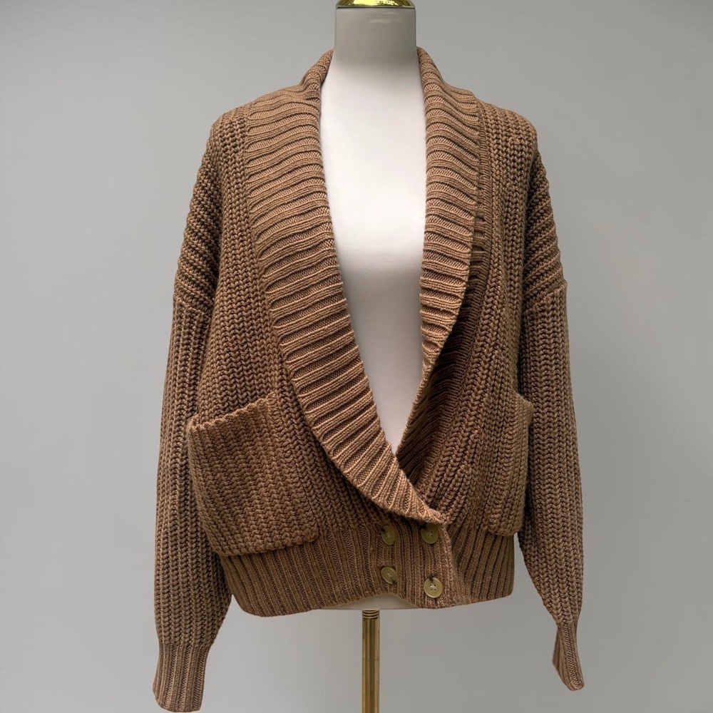 Anthropologie‎ Cardigan Sweater M Honey Brown NWT Wool Blend Shaker Shawl Collar